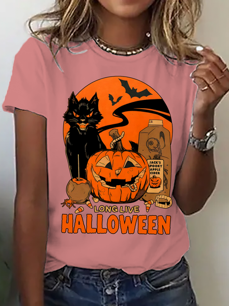 

Casual Halloween Crew Neck Short Sleeve T-shirt, Orange pink, T-shirts