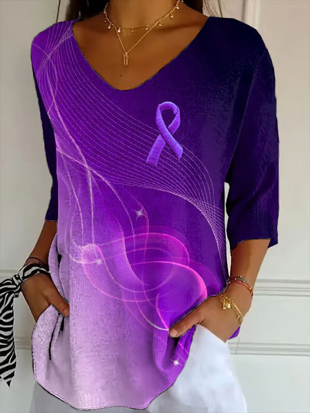 

Women Purple Ribbon Three Quarter Sleeve Tee T-shirt V Neck Printing Casual Spring/Fall Graphic Tee Top, T-Shirts