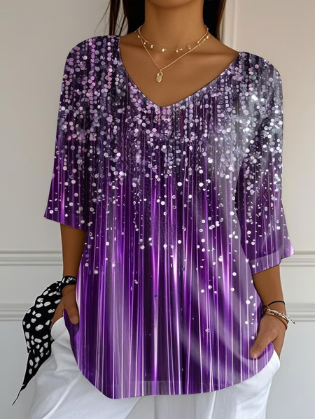 

Women Abstract Three Quarter Sleeve Tee T-shirt V Neck Printing Casual Spring/Fall Graphic Tee Top, Purple, T-Shirts