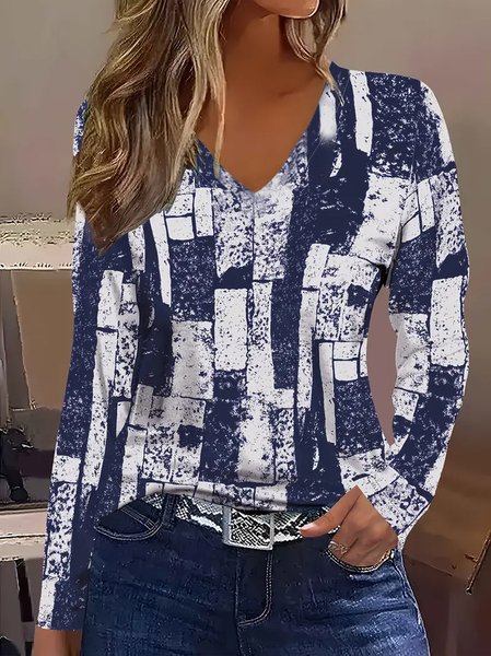 

Women Abstract Long Sleeve Tee T-shirt V Neck Printing Casual Spring/Fall Graphic Tee Top, Purplish blue, T-Shirts
