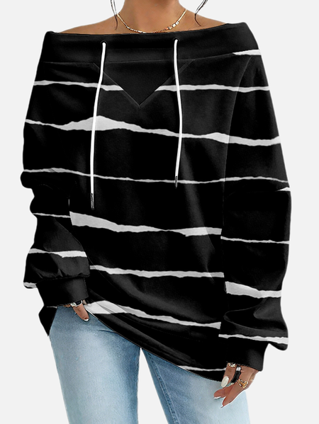 

Casual Off The Shoulder Striped Sweatshirt, Black, Hoodies & Sweatshirts