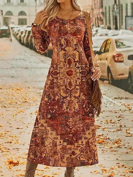 

Women Ethnic Spring/Fall Dress Crew Neck Long Sleeve A-Line Dress, As picture, Dresses