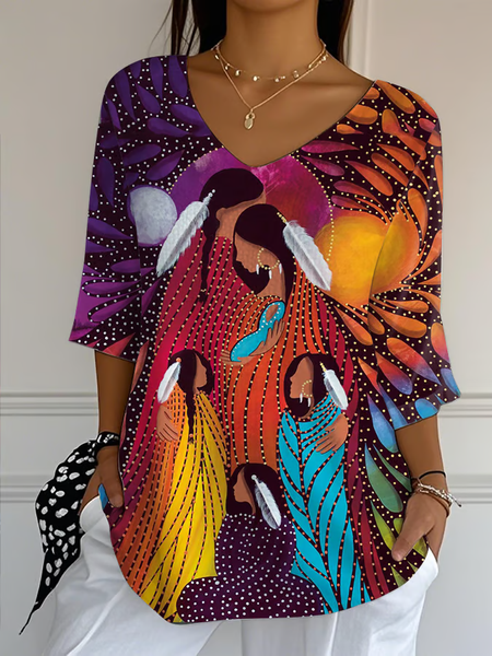 

Casual Floral V Neck Three Quarter Sleeve T-shirt, Orange, T-shirts