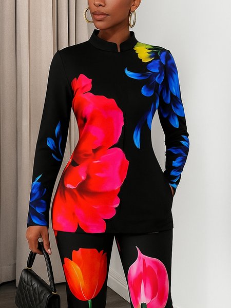 

Urban Floral Printing Stand Collar Blouse, As picture, Blouses and Shirts