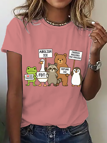 

Casual Animal Crew Neck Short Sleeve T-shirt, Orange pink, T-shirts