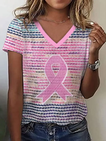 

Women Pink Ribbon Short Sleeve Tee T-shirt V Neck Printing Casual Summer Graphic Tee Top, T-Shirts