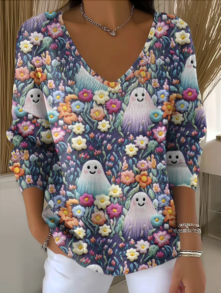 

Women Cotton Floral Long Sleeve Comfy Casual Sweater, Blue, Sweaters