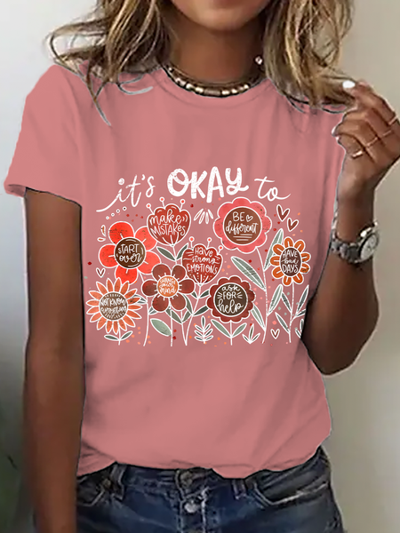 

Casual Floral Crew Neck Short Sleeve T-shirt, Orange pink, T-shirts