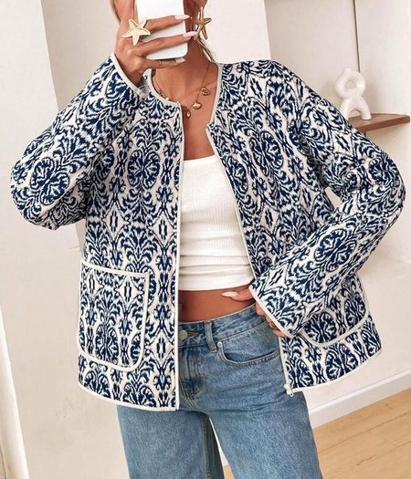 

Women Spring/Fall Outerwear Casual Geometric Long Sleeve Stand Collar Jacket, Blue, Jackets