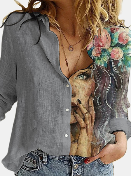 

Women Floral Long Sleeve Shirt Spring/Fall Printing Stand Collar Daily Vintage Top, Color19, Blouses