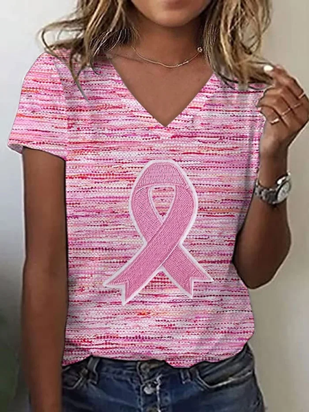 Women Pink Ribbon Print Short Sleeve Tee T-shirt V Neck Casual Summer Graphic Tee Top