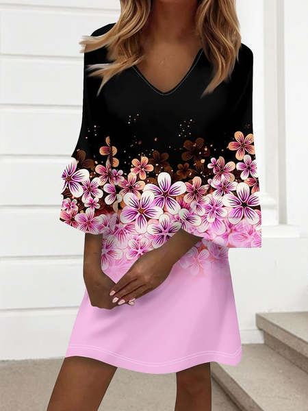 

Women Floral Summer Dress V Neck Half Sleeve A-Line Dress, As picture, Dresses