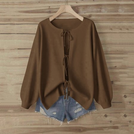 

Women Plain Crew Neck Casual Long Sleeve T-shirt, Deep brown, Long Sleeves