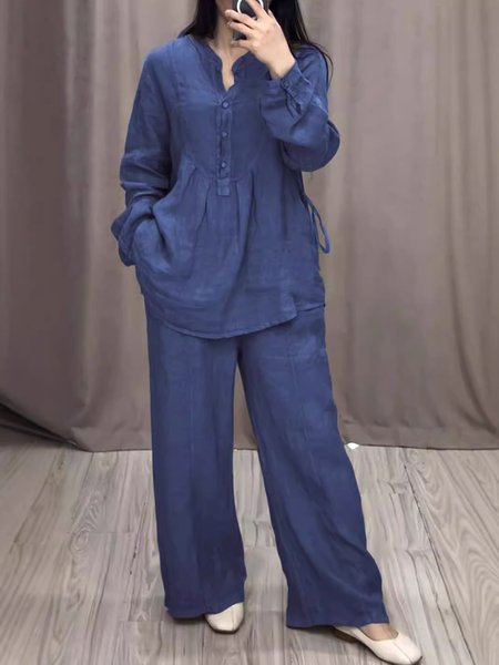 

Casual Plain V Neck Two-Piece Set, Deep blue, Suits