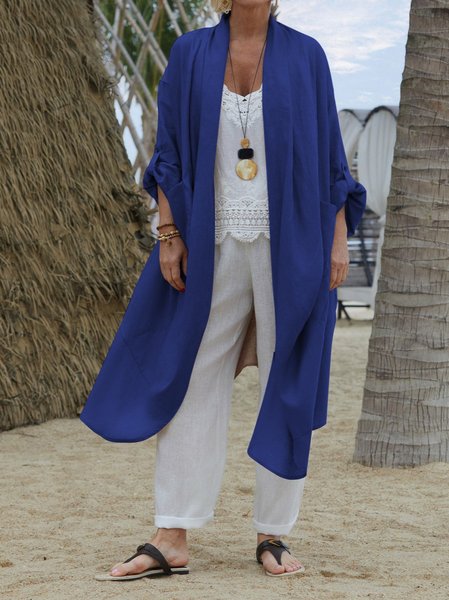 

Linen Autumn New Casual Long-sleeved Shirt Dress Versatile Long Windbreaker Jacket Solid Color Cardigan, Blue, Sweaters & Cardigans