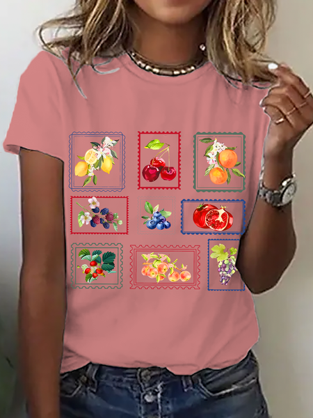 

Casual Floral Crew Neck Short Sleeve T-shirt, Orange pink, T-shirts