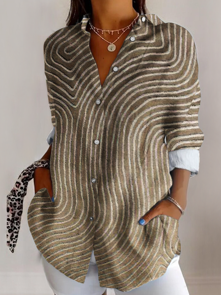 

V Neck Long Sleeve Striped Regular Micro-Elasticity Regular Fit Shirt For Women, As picture, Shirts