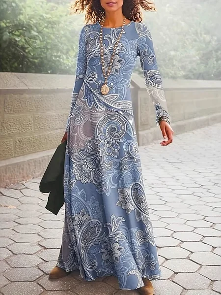

Women Floral Spring/Fall Dress Crew Neck Long Sleeve A-Line Dress, As picture, Dresses