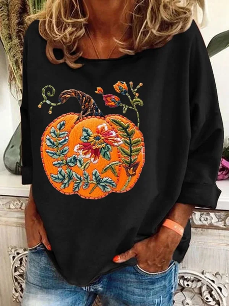 

Women Halloween Floral Long Sleeve Tee T-shirt Crew Neck Printing Casual Spring/Fall Graphic Tee Top, Black, T-Shirts