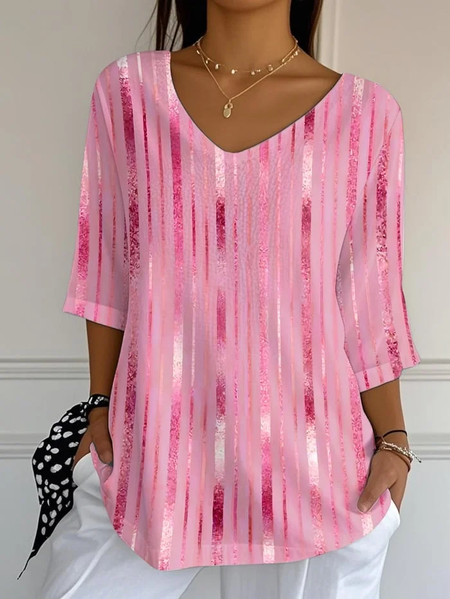 

Women Abstract Three Quarter Sleeve Tee T-shirt V Neck Printing Casual Spring/Fall Graphic Tee Top, Pink, T-Shirts