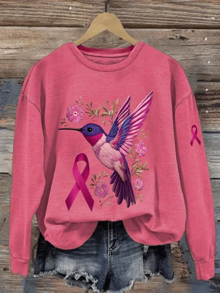 

Women Pink Ribbon Floral Crew Neck Printing Casual Spring/Fall Long Sleeve Sweatshirt, Deep pink, Sweatshirts & Hoodies
