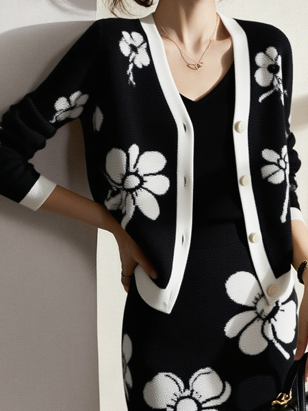 

Casual Floral V Neck Cardigan, As picture, Cardigans