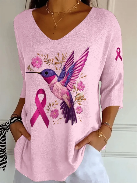 

Women Pink Ribbon Floral Three Quarter Sleeve Tee T-shirt V Neck Printing Casual Spring/Fall Graphic Tee Top, T-Shirts