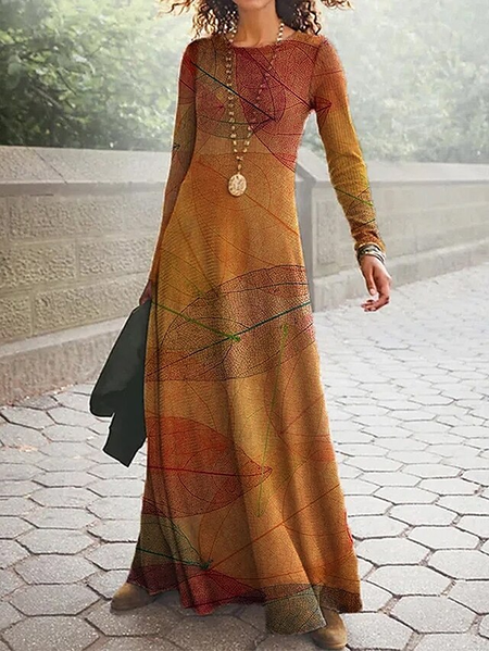 

Women Plants Spring/Fall Dress Crew Neck Long Sleeve A-Line Dress, As picture, Dresses