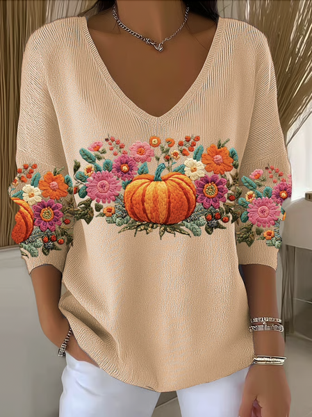 

Women Cotton Floral Long Sleeve Comfy Casual Sweater, Khaki, Sweaters