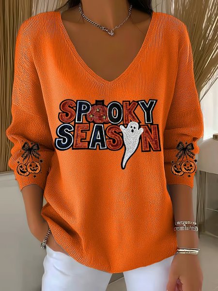 

Vintage Halloween (pumpkin) V Neck Three Quarter Sleeve T-shirt, Color3, Sweaters