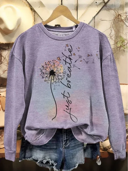 

Women's Just Breathe Dandelion Print Casual Crew Neck Sweatshirt, Purple, Hoodies & Sweatshirts