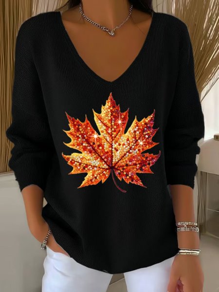 

Women Maple Leaf Spring/Fall Casual Long Sleeve V Neck Cotton Sweater, Black, Sweaters