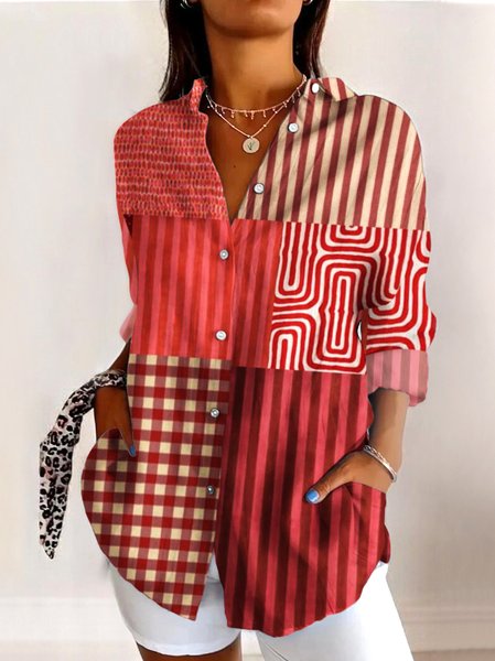 

V Neck Long Sleeve Abstract Graphic Regular Micro-Elasticity Regular Fit Shirt For Women, Red, Shirts