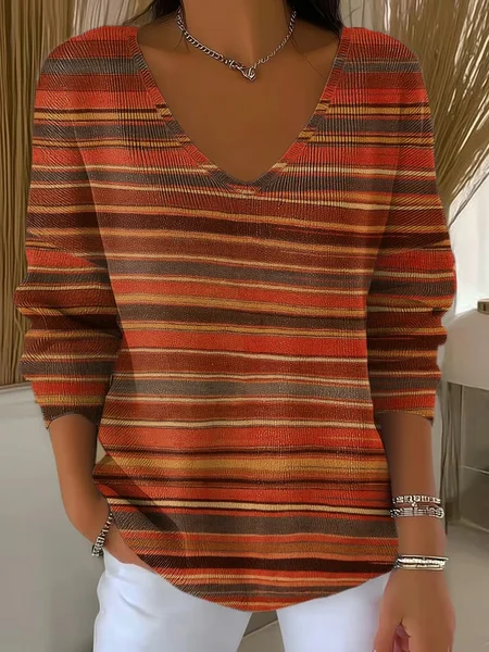 

Vintage Striped V Neck Three Quarter Sleeve T-shirt, Color3, Sweaters