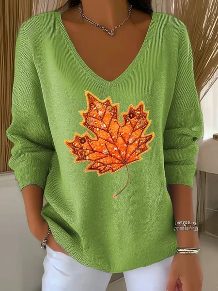 

Women Maple Leaf Retro Ethnic Print Long Sleeve Comfy Casual Sweater, Green, Blouses