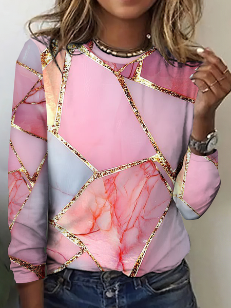 

Vintage Geometric Crew Neck Long Sleeve T-shirt, As picture, T-shirts