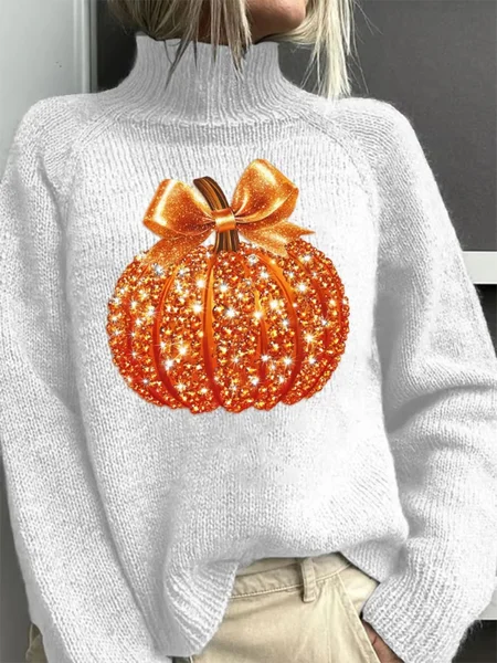 

Women Halloween Pumpkin Pumpkin Sequin 3D Print Long Sleeve Comfy Casual Sweater, White, Sweaters