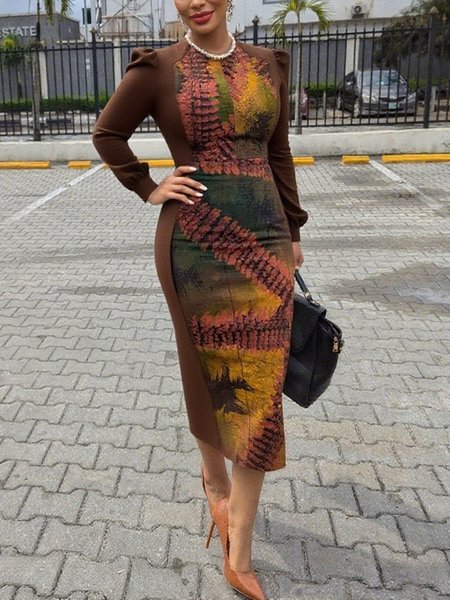 

Elegant Random Print Puff Sleeve Split Joint Crew Neck Midi Dress, As picture, Midi Dresses