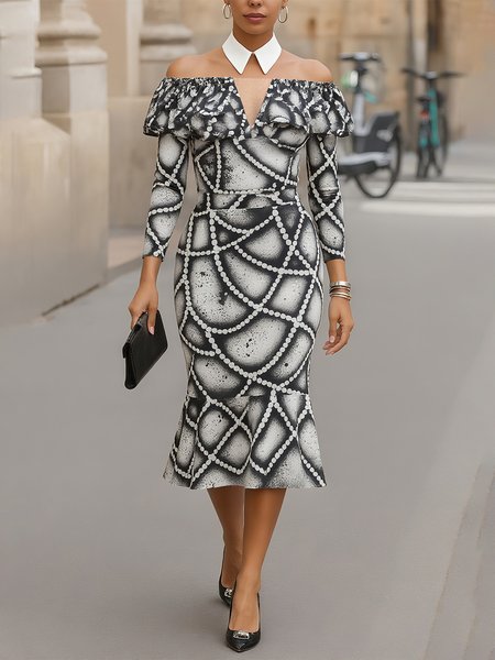 

Urban Random Print Off Shoulder Sleeve Printing Shirt Collar Midi Dress, As picture, Midi Dresses