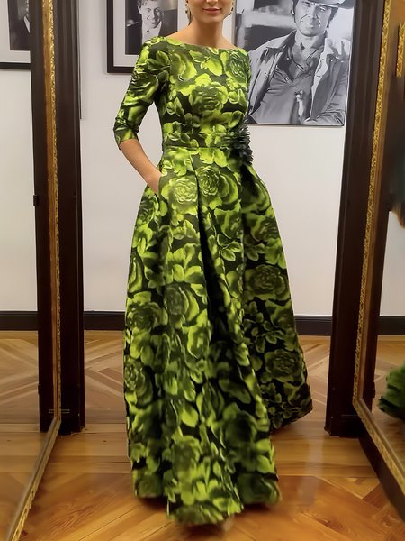 

Elegant Floral Printing Boat Neck Maxi Dress, As picture, Maxi Dresses