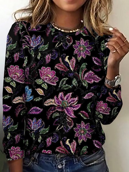 

Vintage Floral Crew Neck Long Sleeve T-shirt, Black, T-shirts