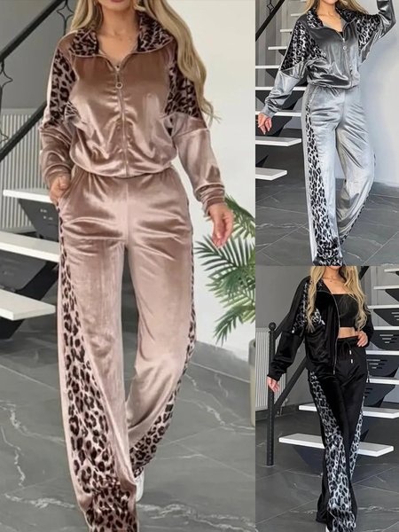 

Women Color Block Printing Two-Piece Set Daily Long Sleeve Casual Spring/Fall Top With Pants Matching Set, Khaki, Suit Set