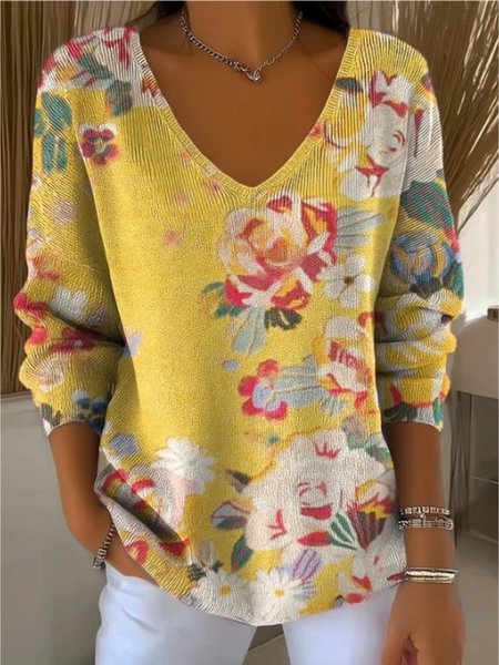 

Women Floral Spring/Fall Casual Long Sleeve V Neck Cotton Sweater, Yellow, Sweaters