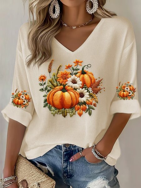 

Women Halloween (pumpkin) Three Quarter Sleeve Tee T-shirt V Neck Vintage Spring/Fall Top, Apricot, T-Shirts