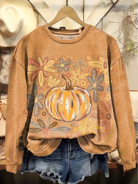 

Women's Vintage Halloween Pumpkin Flowers Print Casual Crew Neck Sweatshirt, Yellow, Hoodies & Sweatshirts