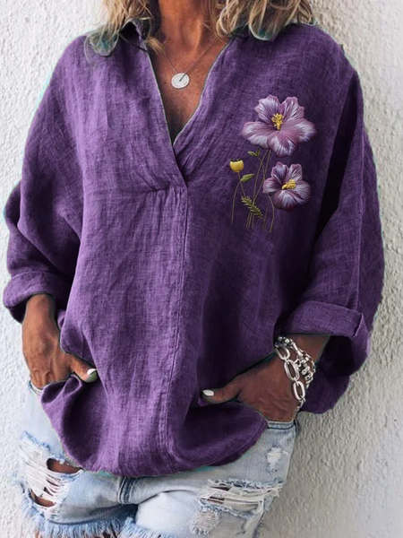 

Women Floral Long Sleeve Shirt Spring/Fall Printing Shawl Collar Daily Casual Top, Purple, Shirts