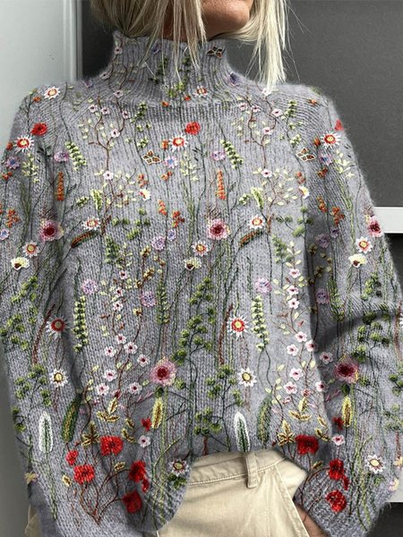 

Women Floral Long Sleeve Comfy Casual Sweater, Gray, Sweaters