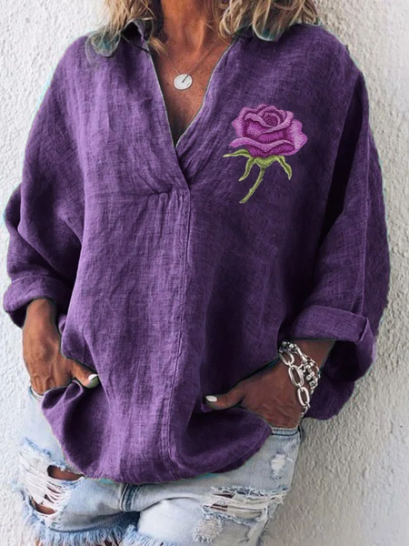 

Women Floral Long Sleeve Shirt Spring/Fall Printing Shawl Collar Daily Casual Top, Purple, Shirts