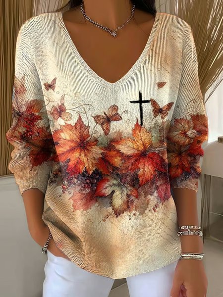 

Vintage Floral V Neck Three Quarter Sleeve T-shirt, Color3, Sweaters