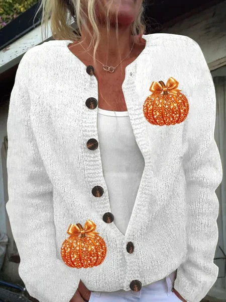 

Women Knitted Pumpkin Pattern Long Sleeve Comfy Vintage Cardigan, White, Sweaters